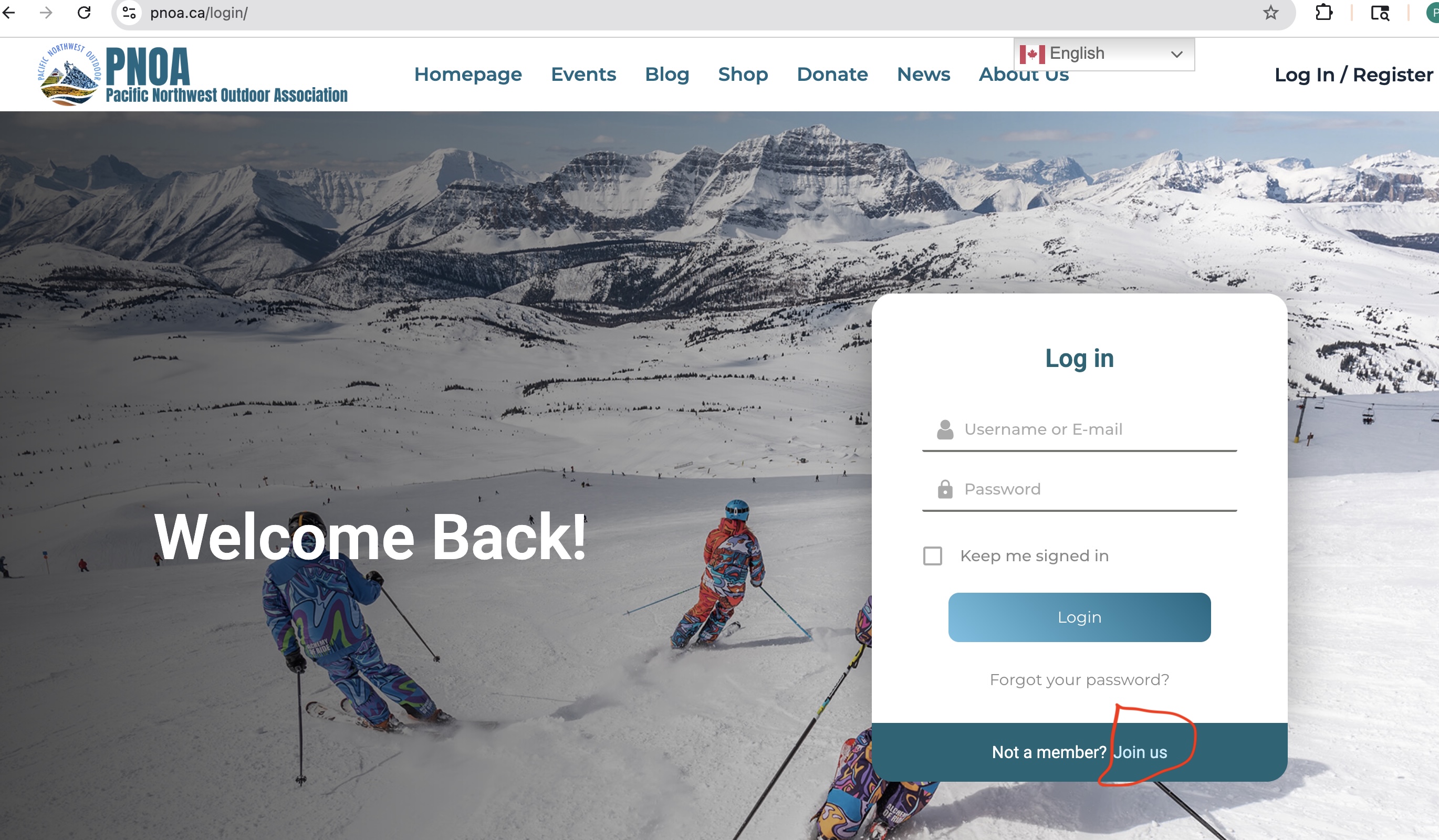 PNOA Register Login Screen